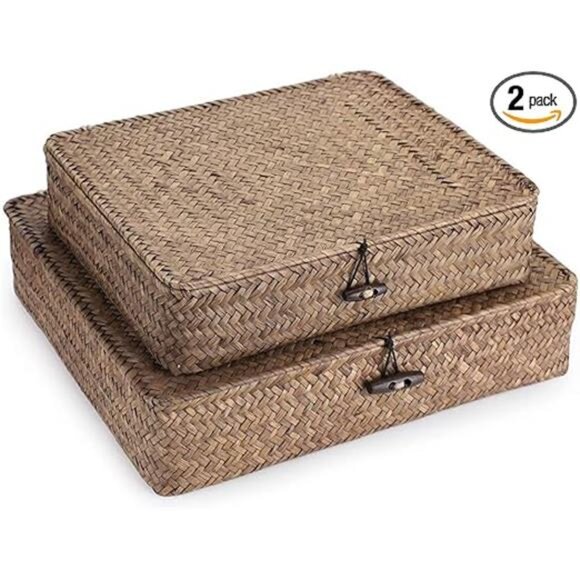 Set of 2 Flat Woven Wicker Storage Bins with Lid Natural Seagrass Basket - Picture 7 of 7